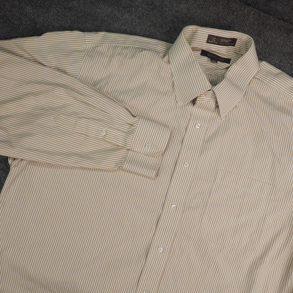 Nordstrom Button Down Mens 17.5x36 Smartcare Tan Striped Wrinkle Free FLAW